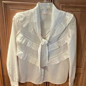 Sezane Layered Ruffle Bow Tie Neck Button Down Blouse